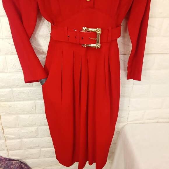 Vintage '80s Nina Piccalino Dress Power Shoulder Cut-outs Pockets Pleats (M/8) - Picture 4 of 15